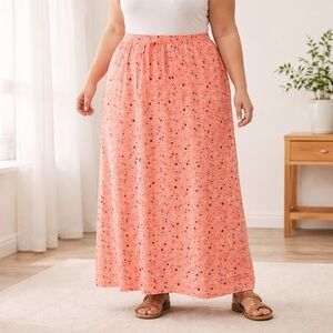 NWT Jessica Holbrook 100% Silk Coral Polka Dot Elastic Waist Maxi Skirt Size 22W
